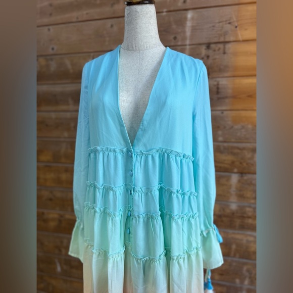 MAZIK Rainbow Gradient Hi-Low Tiered Ruffles With Tassels At Wrist Maxi Dress S - Picture 4 of 8